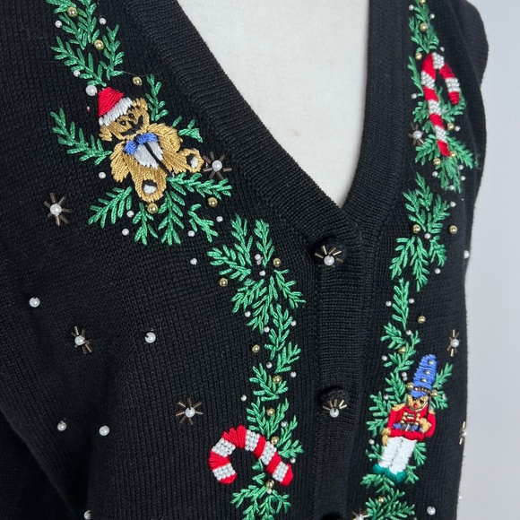 Vintage Christmas Embroidered Beaded Sweater Vest L - Picture 3 of 5